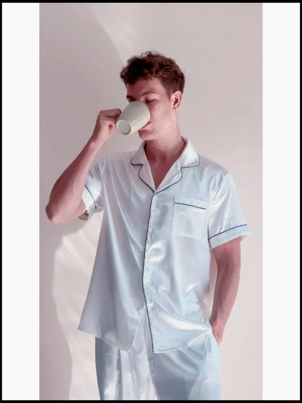 Men's Satin Pajama Set Short Sleeve Button Down Sleepwear Lounge Set